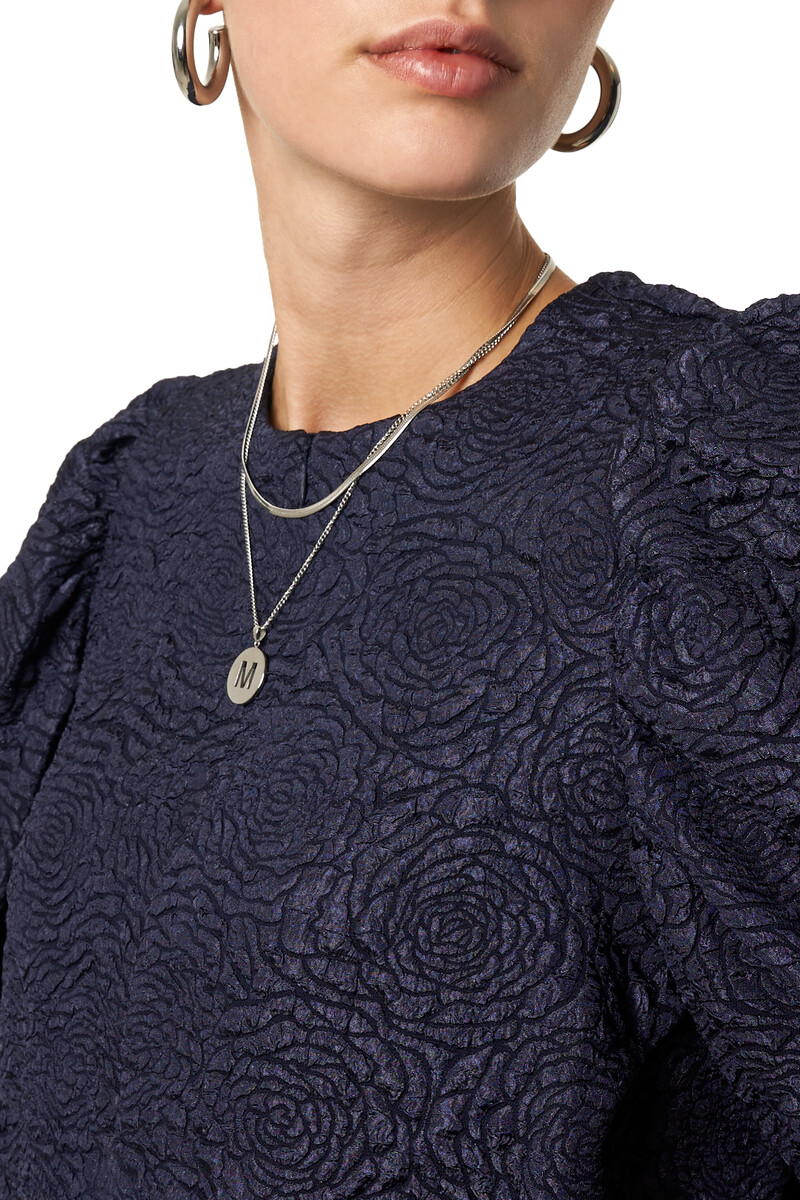 Dark blue jacquard dress with puff sleeves | My Jewellery