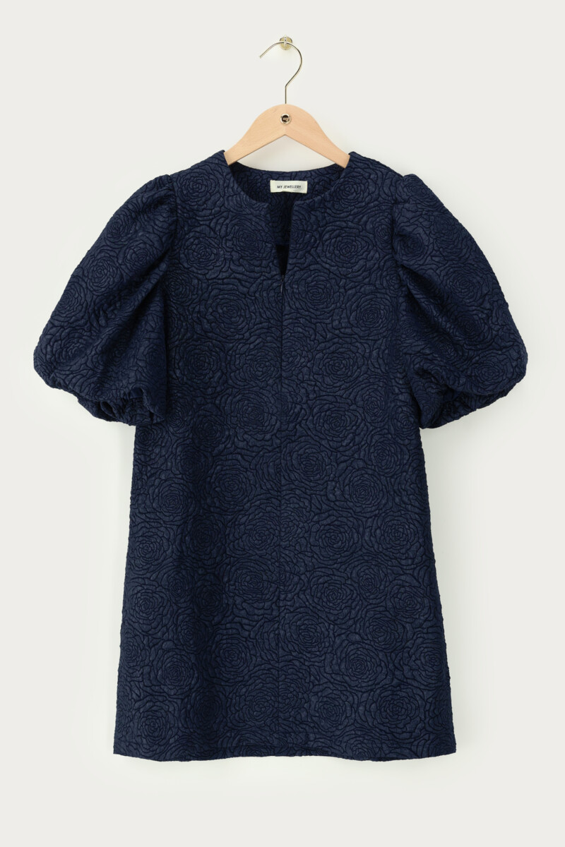 Dark blue jacquard dress with puff sleeves | My Jewellery