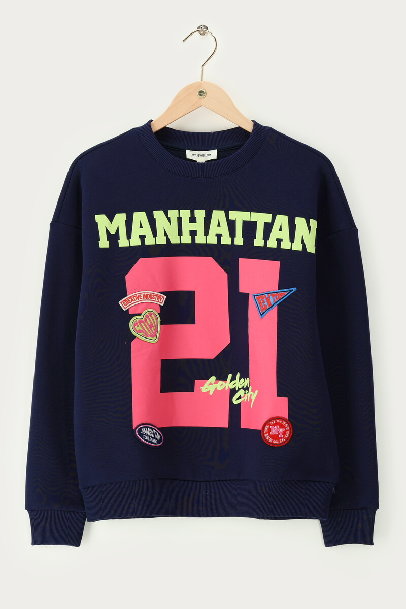 Dark blue sweater Manhattan with patch | My Jewellery