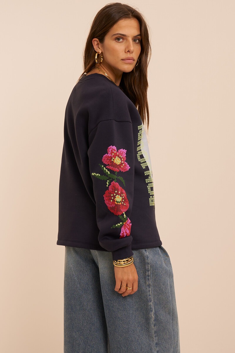 Dark blue sweater with flowers 'Bonjour' | My Jewellery