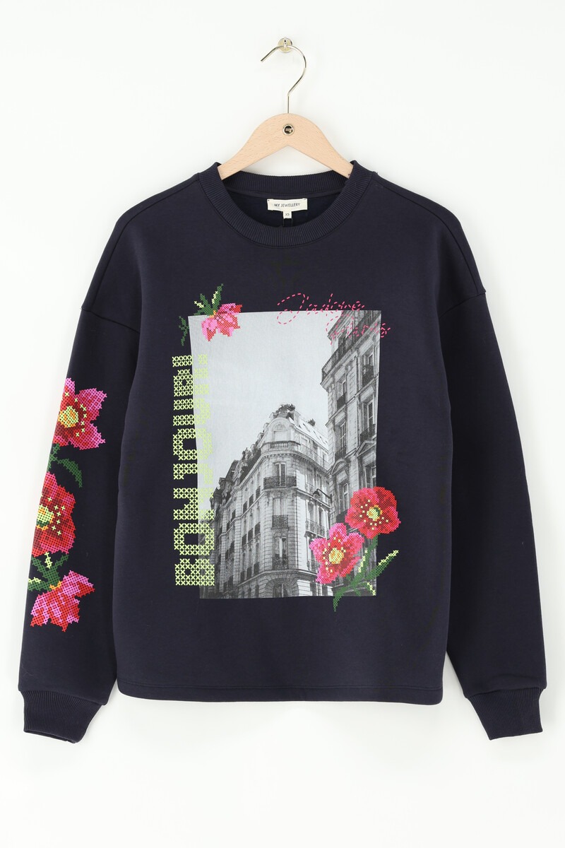 Dark blue sweater with flowers 'Bonjour' | My Jewellery