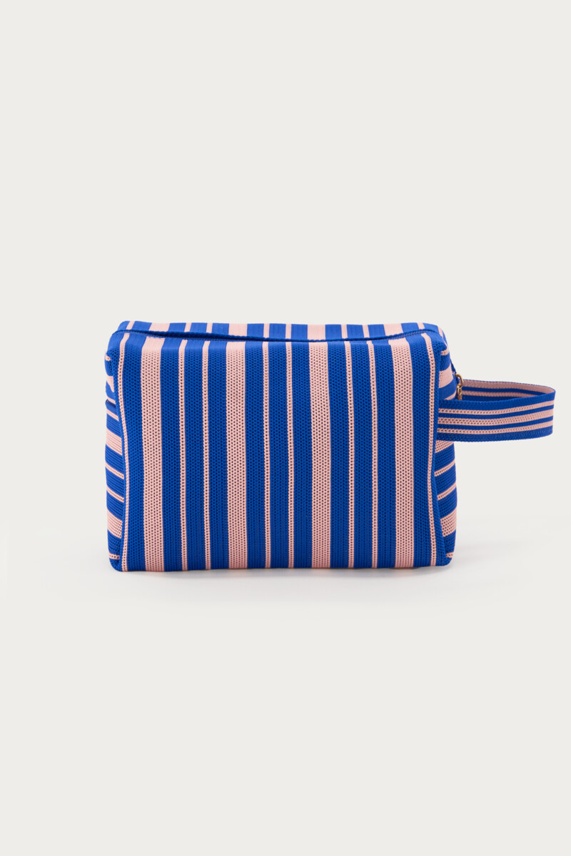 Dark blue toiletry bag with pink stripes