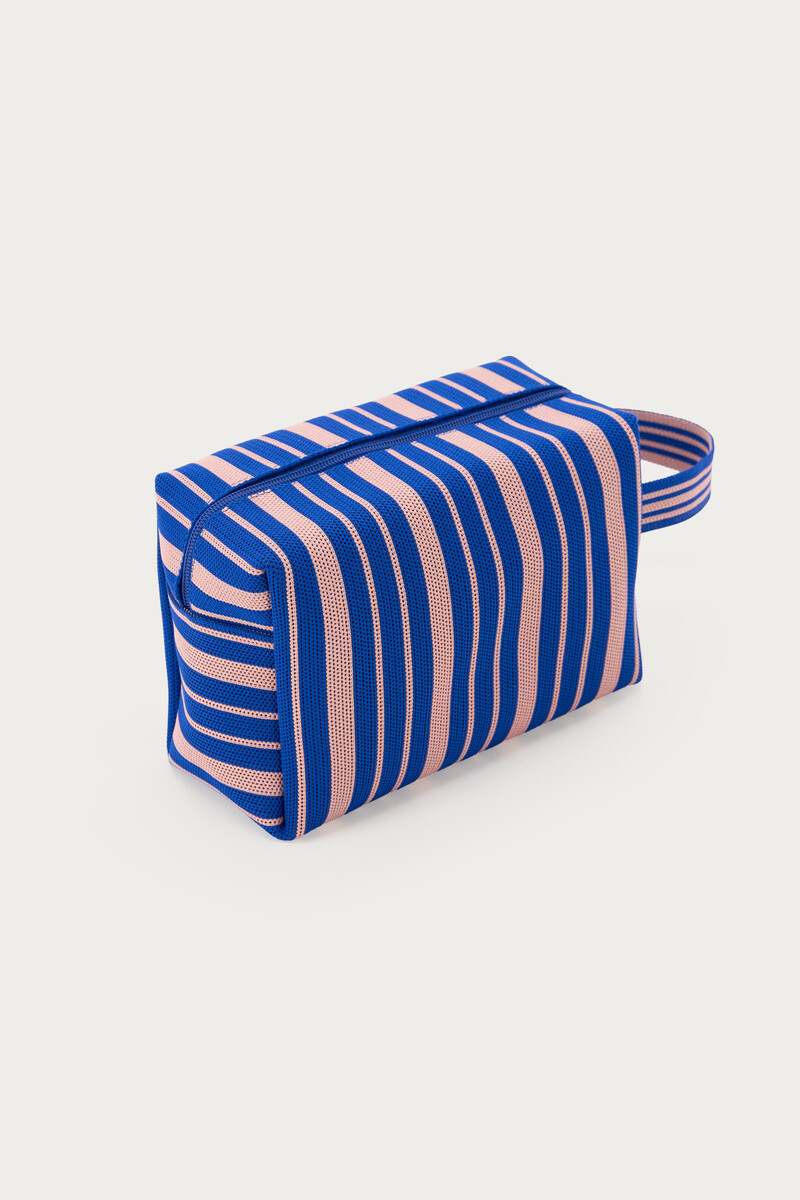 Dark blue toiletry bag with pink stripes