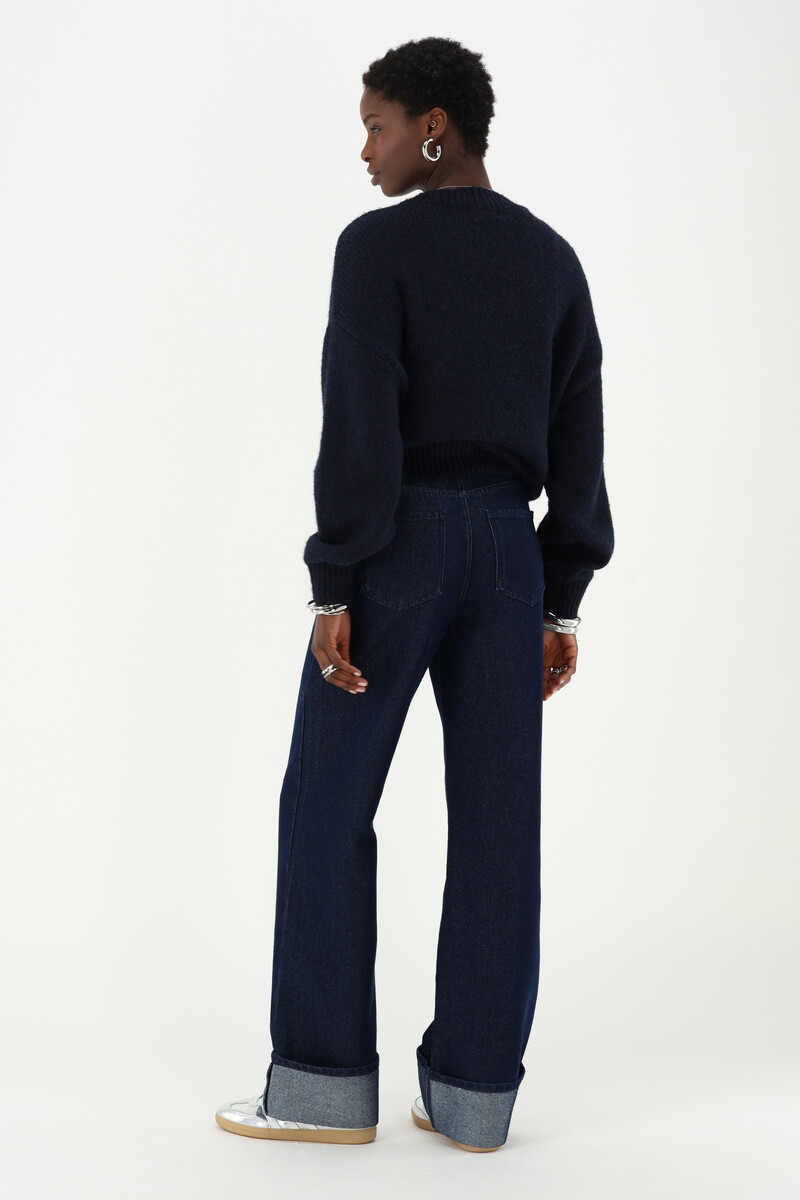 Dark blue turn up wide leg jeans with rhinestones | My Jewellery