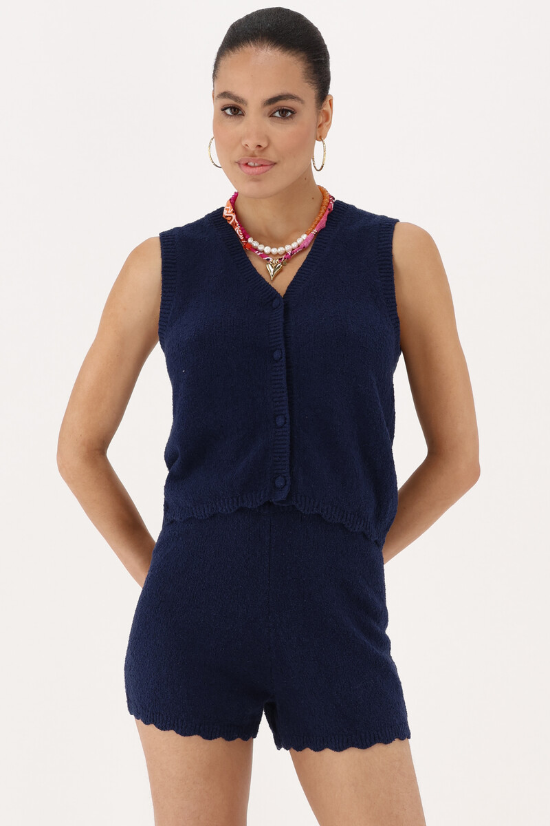 Dark blue gilet with scalloped edge | My jewellery