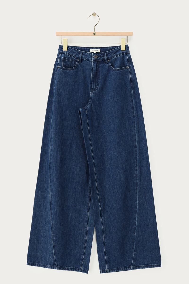 Dark blue wide leg jeans with seam detail and pockets | My Jewellery