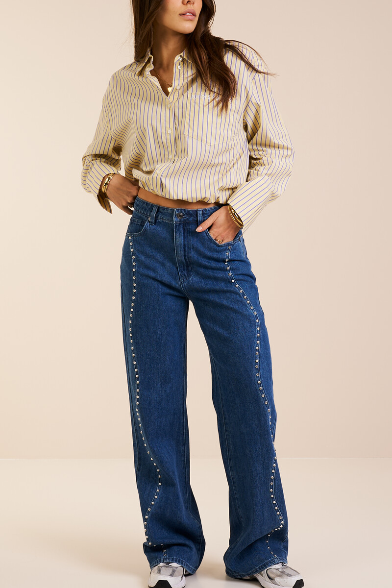 Donkerblauwe wide leg jeans met wavy studs