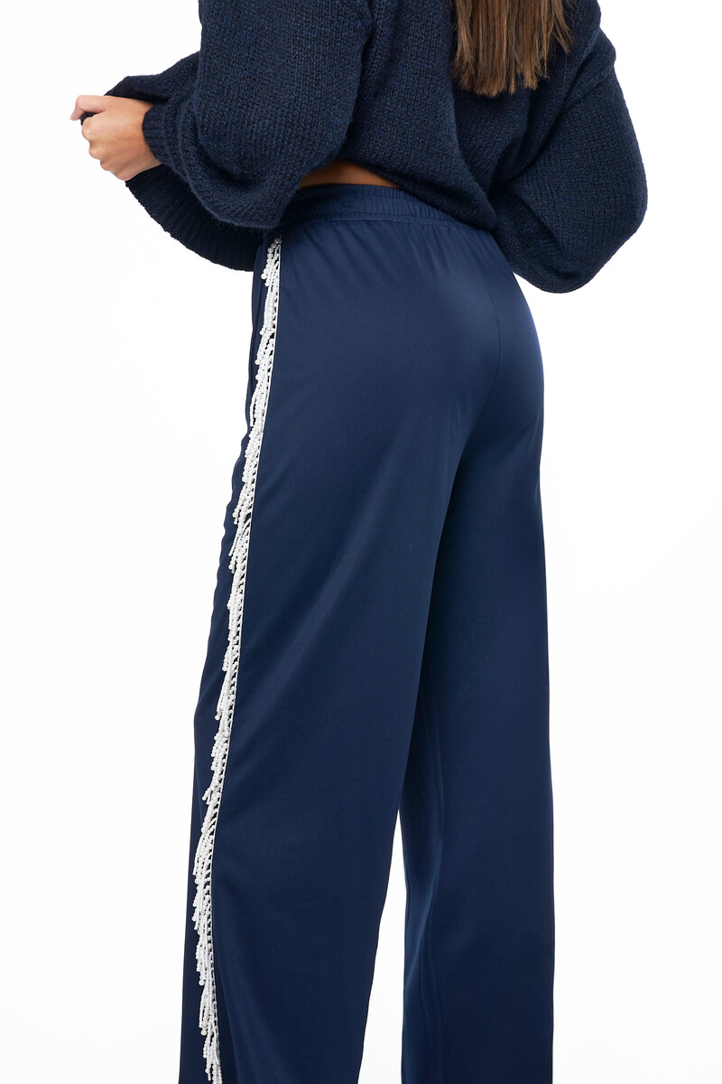 Donkerblauwe wide leg broek met imitatieparels