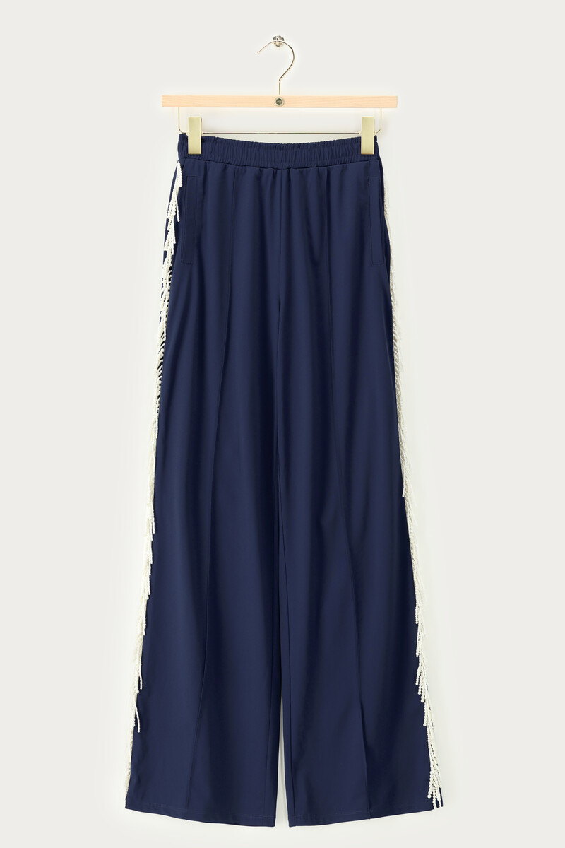Dark blue wide leg trousers with faux pearls | My Jewellery