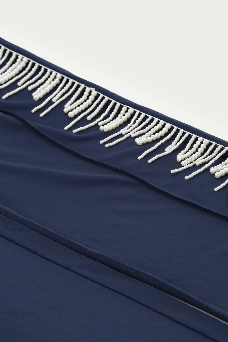 Dark blue wide leg trousers with faux pearls | My Jewellery
