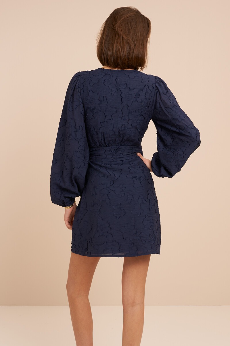Dark blue wrap dress with long sleeves and floral print | My Jewellery