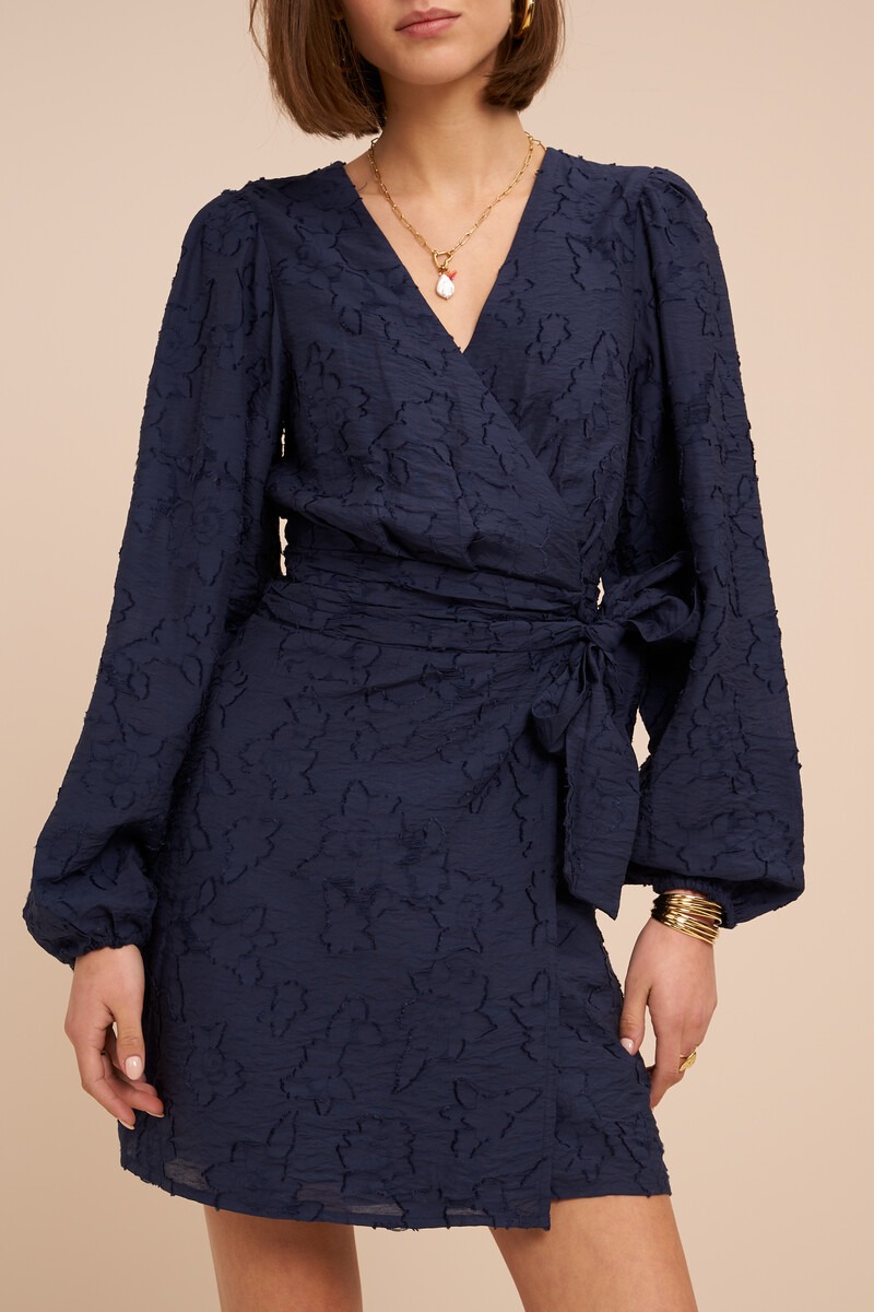 Dark blue wrap dress with long sleeves and floral print | My Jewellery