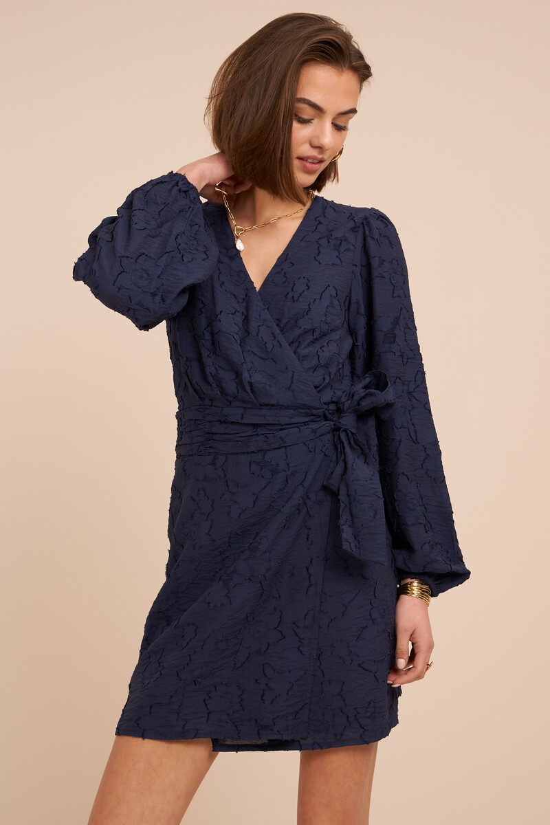Dark blue wrap dress with long sleeves and floral print | My Jewellery