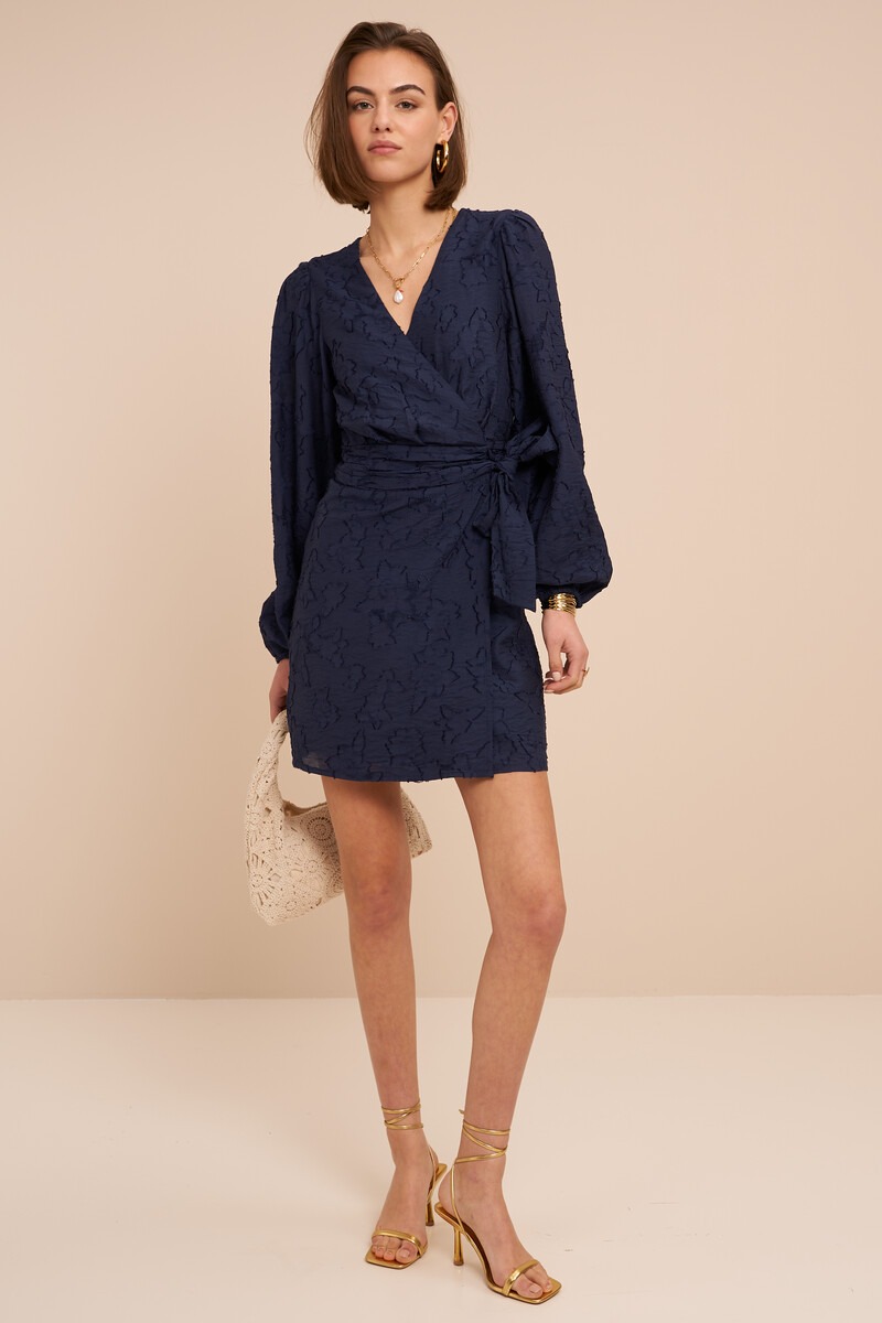 Dark blue wrap dress with long sleeves and floral print | My Jewellery