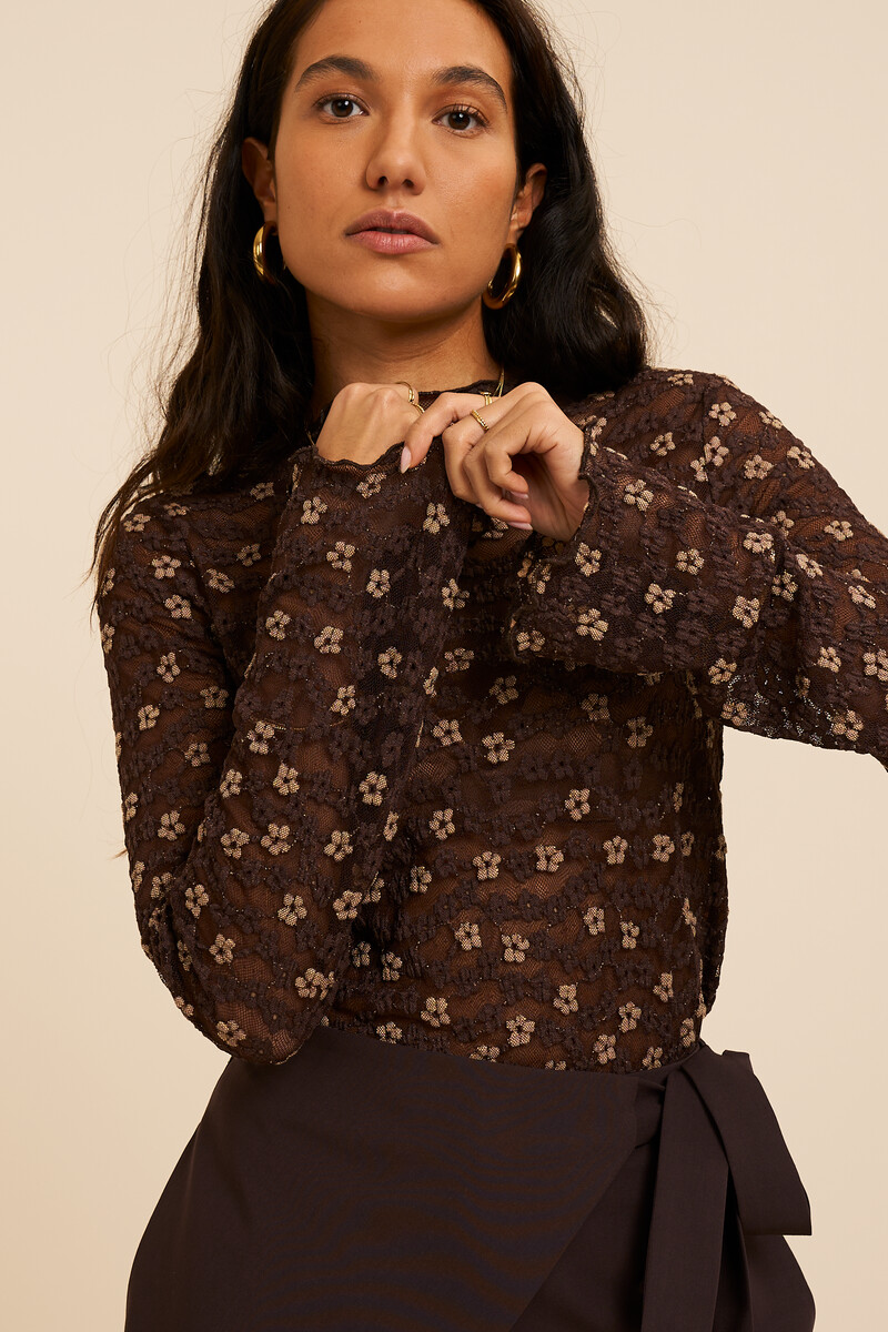 Dark brown lace top with floral print | My Jewellery