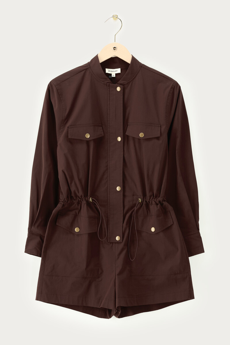 Dark brown playsuit with gold buttons | My Jewellery