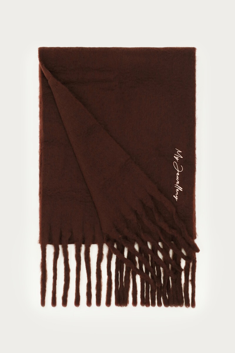 Dark brown scarf with fringes and My Jewellery logo | My Jewellery
