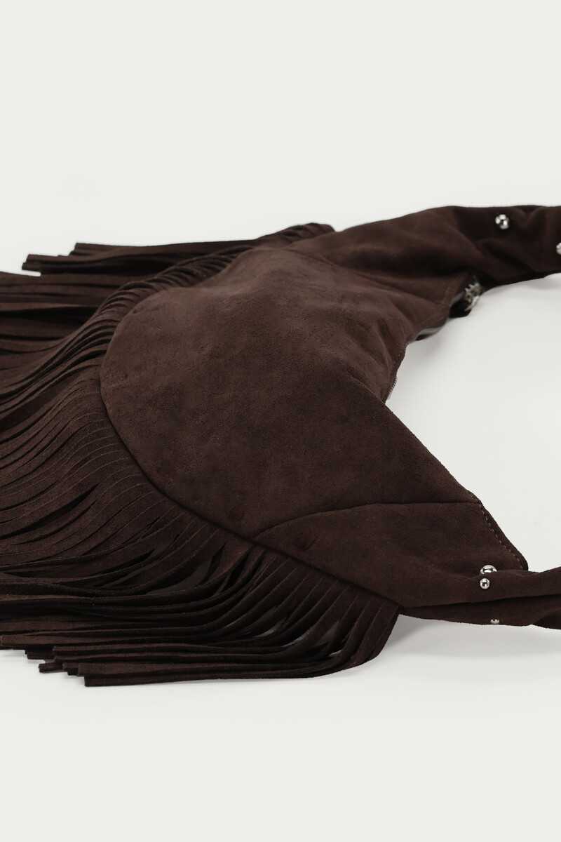 Dark brown shoulder bag with fringes and studs | My Jewellery