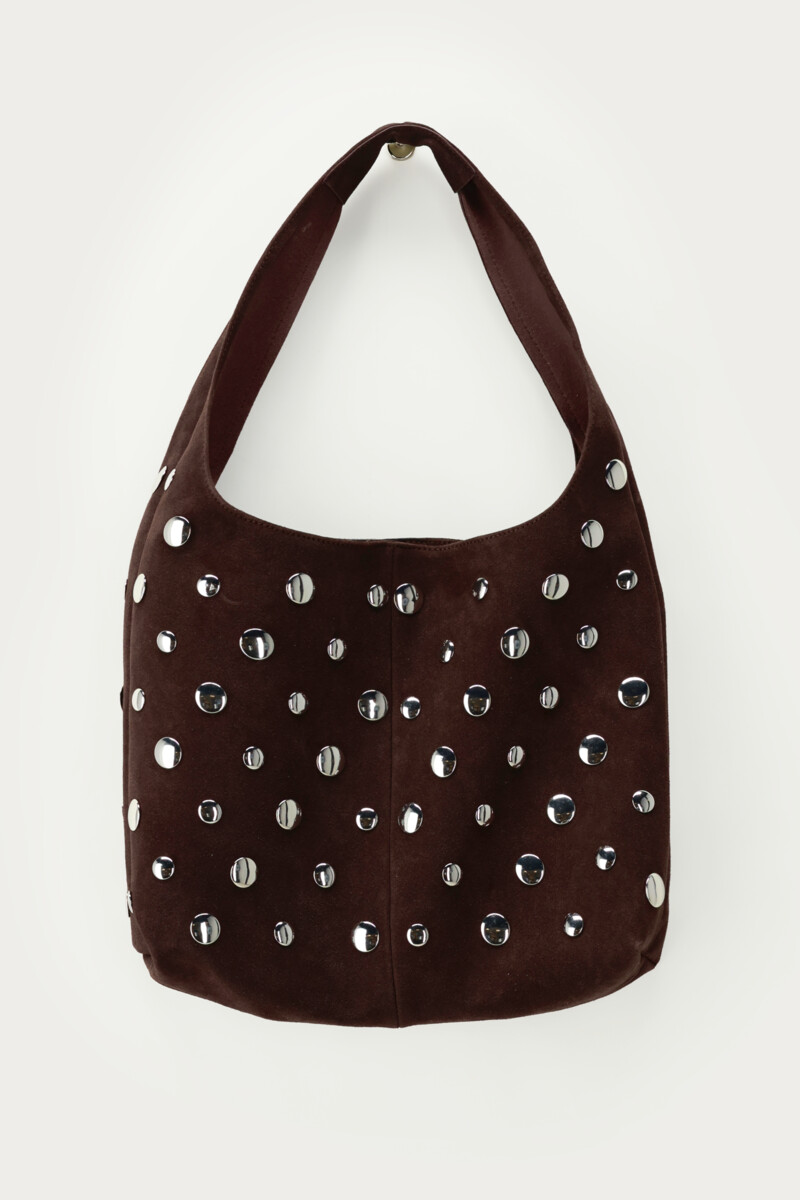 Dark brown shoulder bag with large studs | My Jewellery