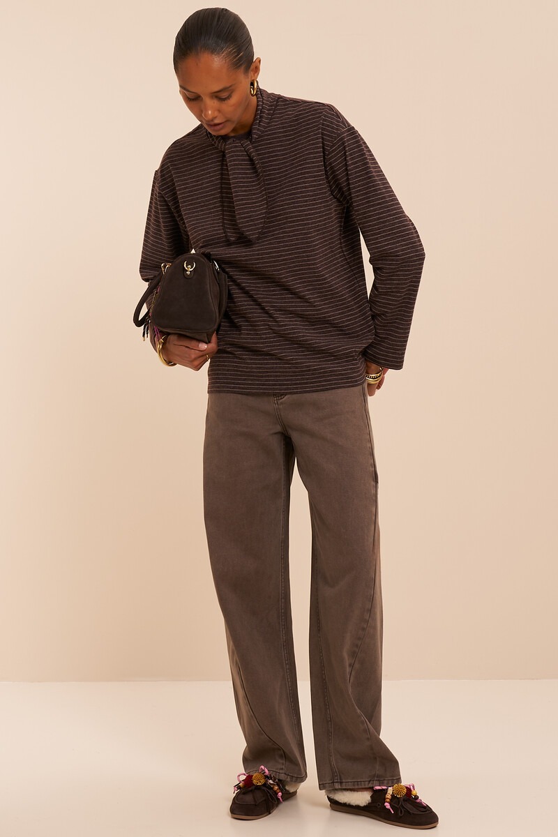 Dark brown striped long-sleeve with scarf | My Jewellery