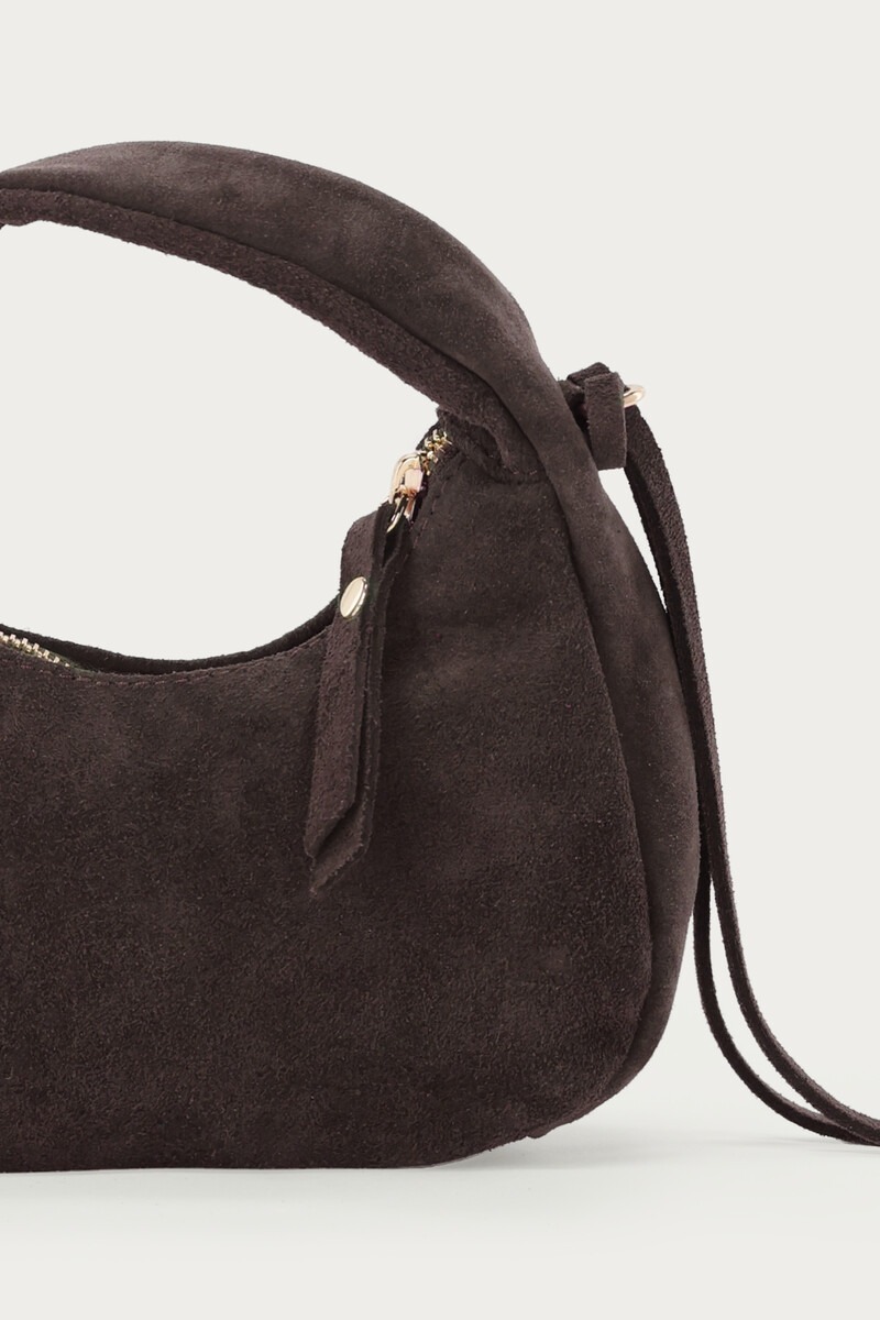Dark brown suede crescent-shaped bag | My Jewellery