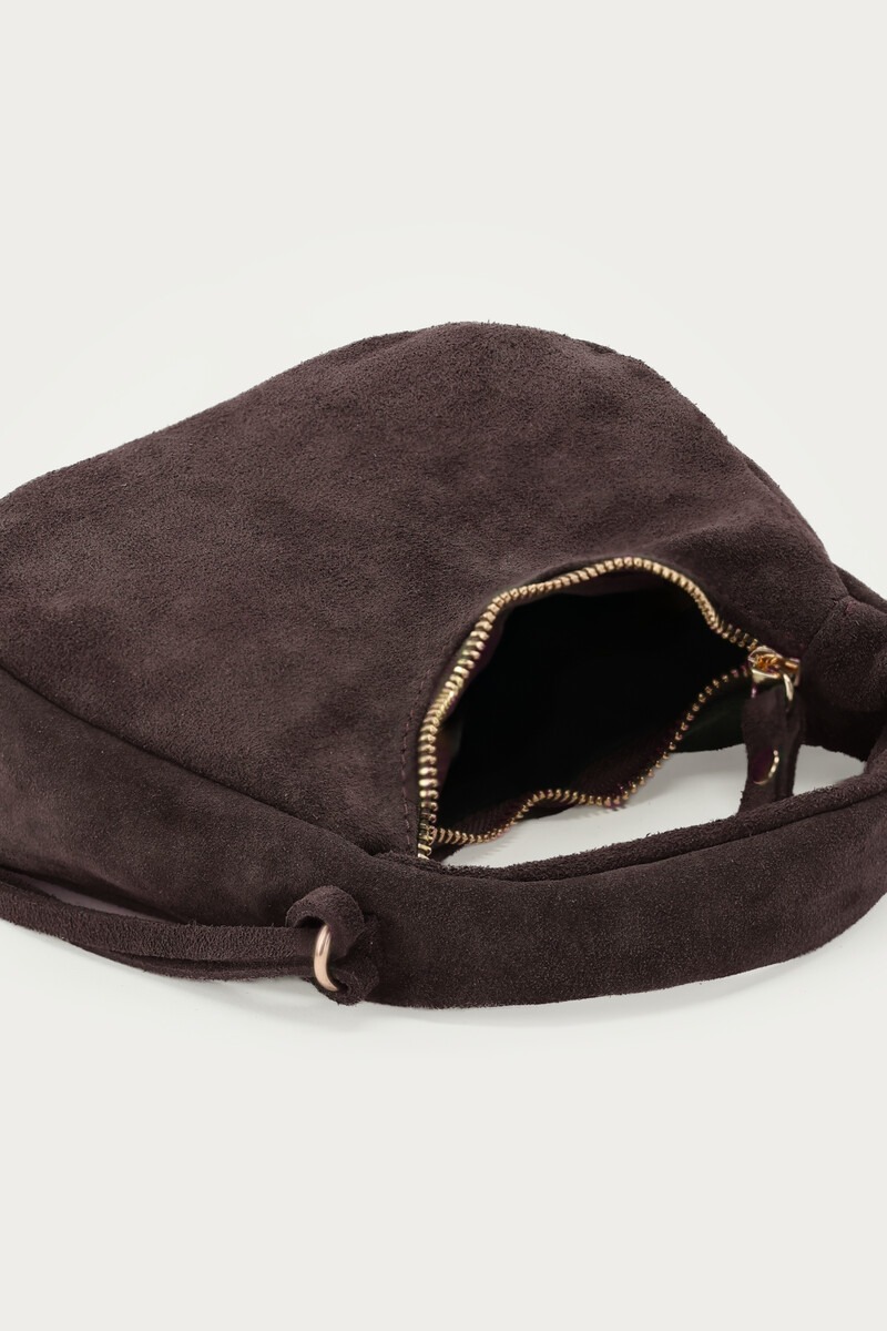 Dark brown suede crescent-shaped bag | My Jewellery