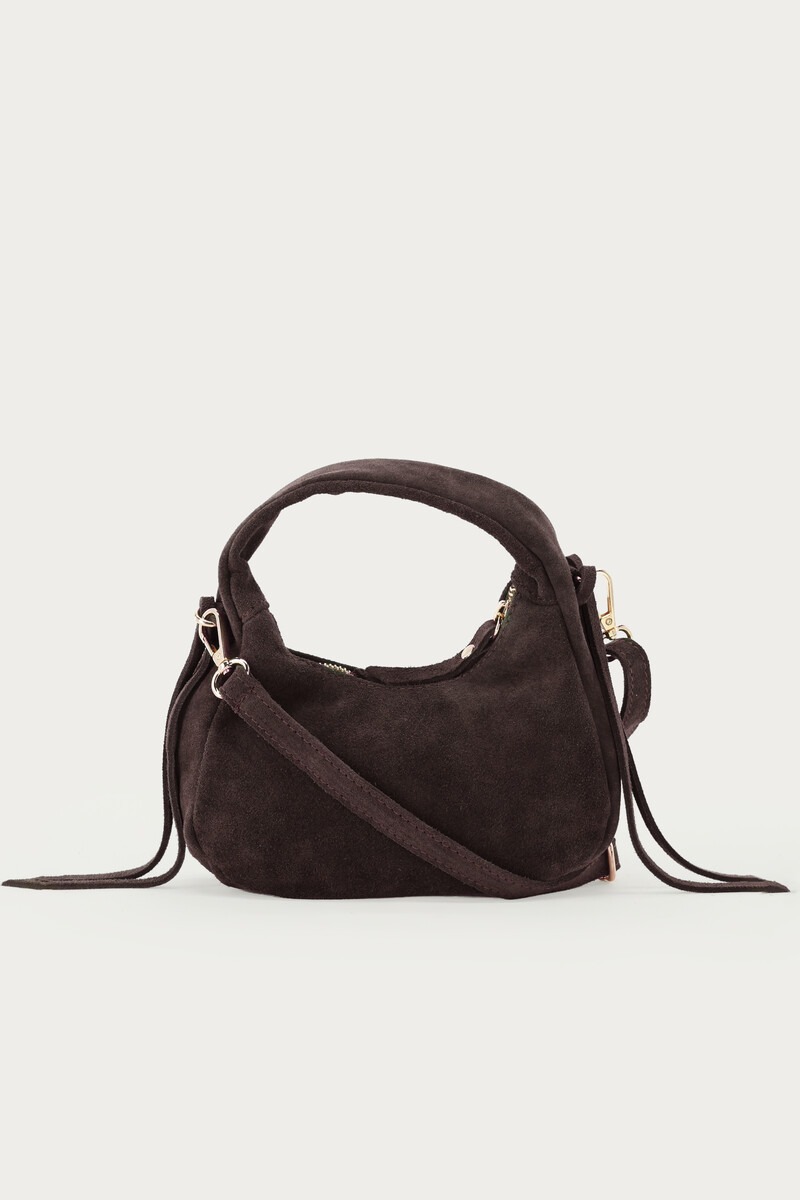 Dark brown suede crescent-shaped bag | My Jewellery