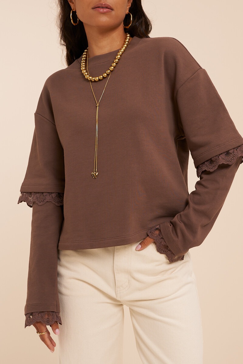 Dark brown sweater with double sleeves and lace details | My Jewellery