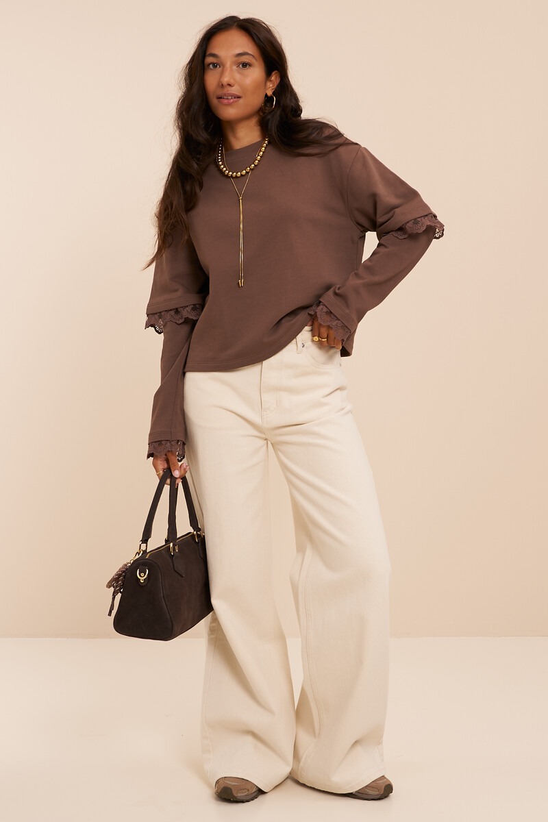 Dark brown sweater with double sleeves and lace details | My Jewellery
