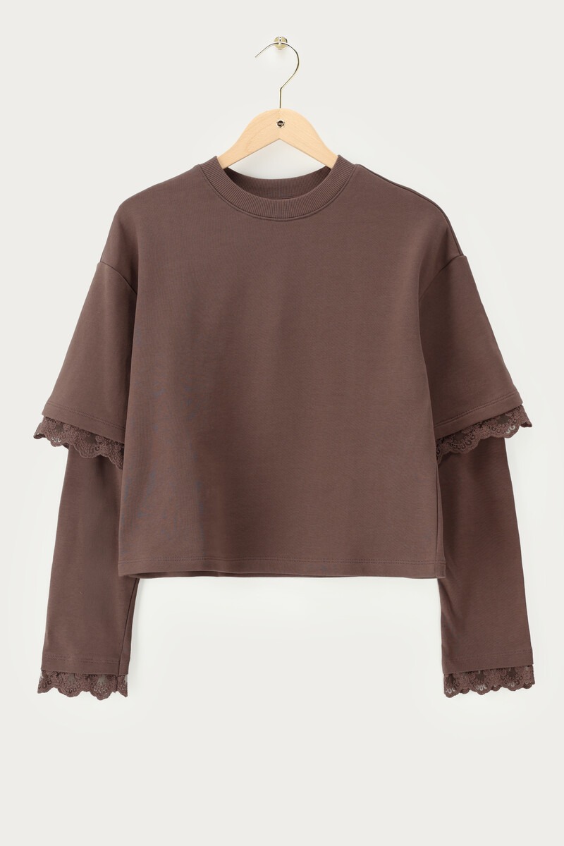 Dark Brown Sweatshirt with Double Sleeves and Lace Details | My Jewellery