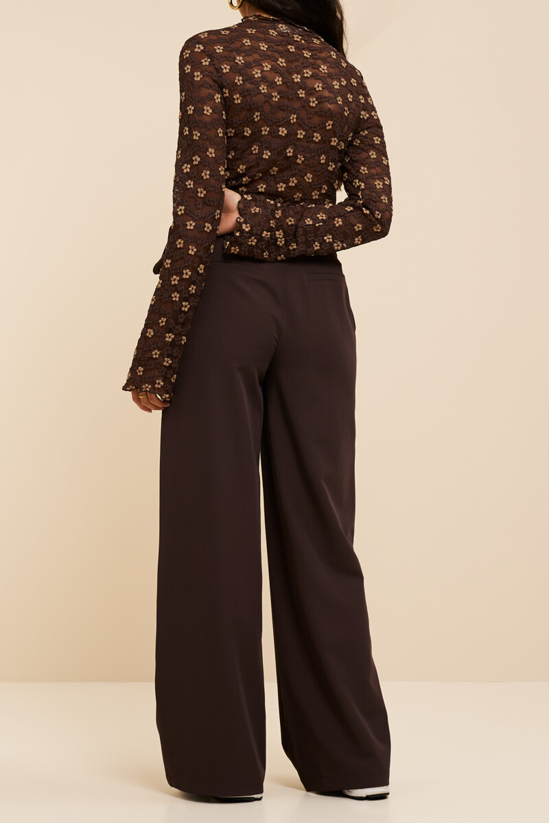 Dark brown wide leg trousers with diagonal overlap | My Jewellery