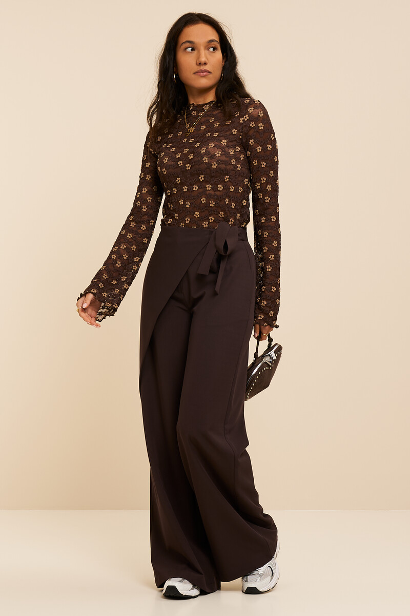 Dark brown wide leg trousers with diagonal overlap | My Jewellery