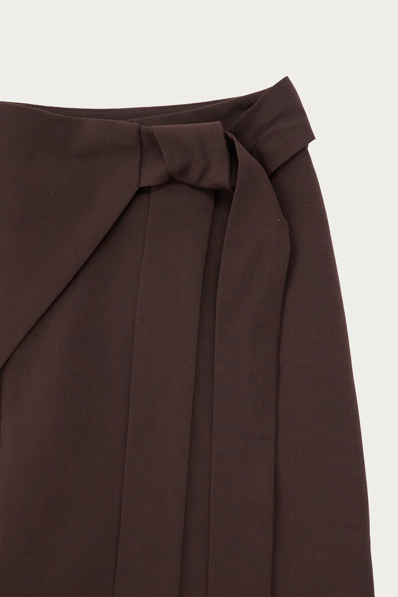 Dark brown wide leg trousers with diagonal overlap | My Jewellery