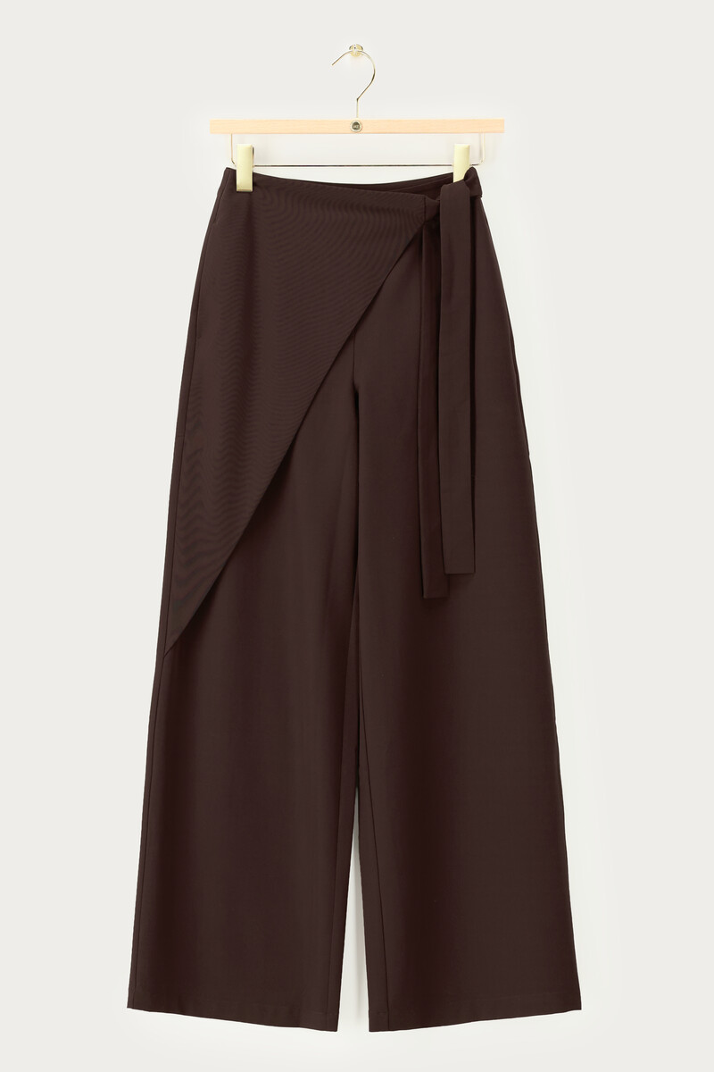 Dark brown wide leg trousers with diagonal overlap | My Jewellery