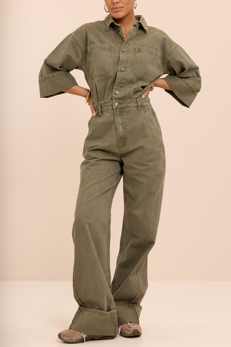 Dark green denim jumpsuit with rolled-up sleeves | My Jewellery