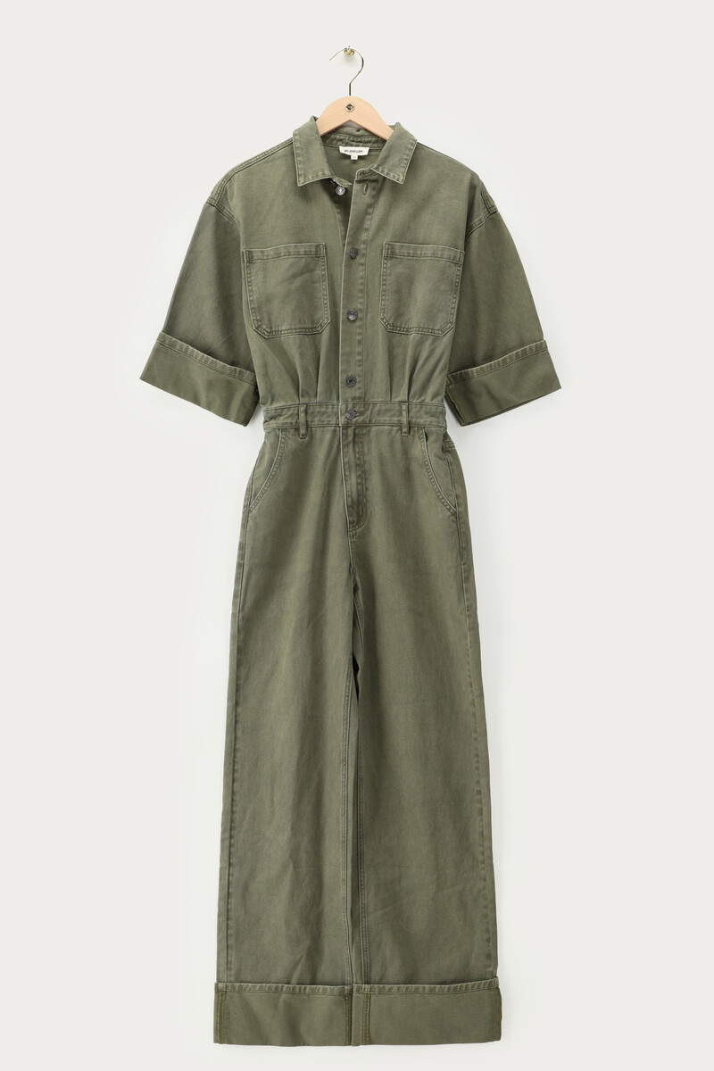 Dark green denim jumpsuit with rolled-up sleeves | My Jewellery