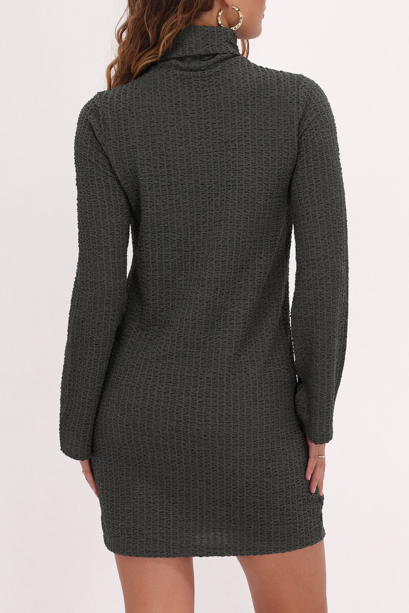 Dark green textured dress & turtleneck | My jewellery