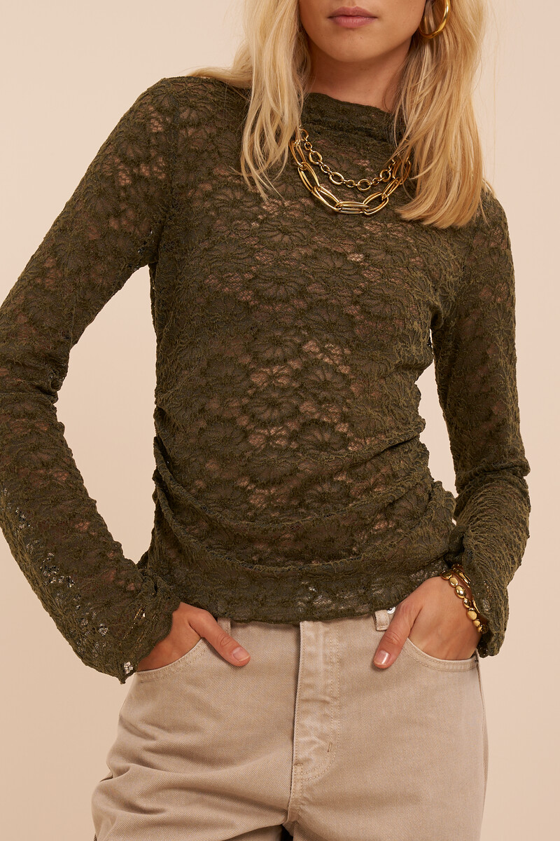Dark green mesh velvet top with gathering | My Jewellery