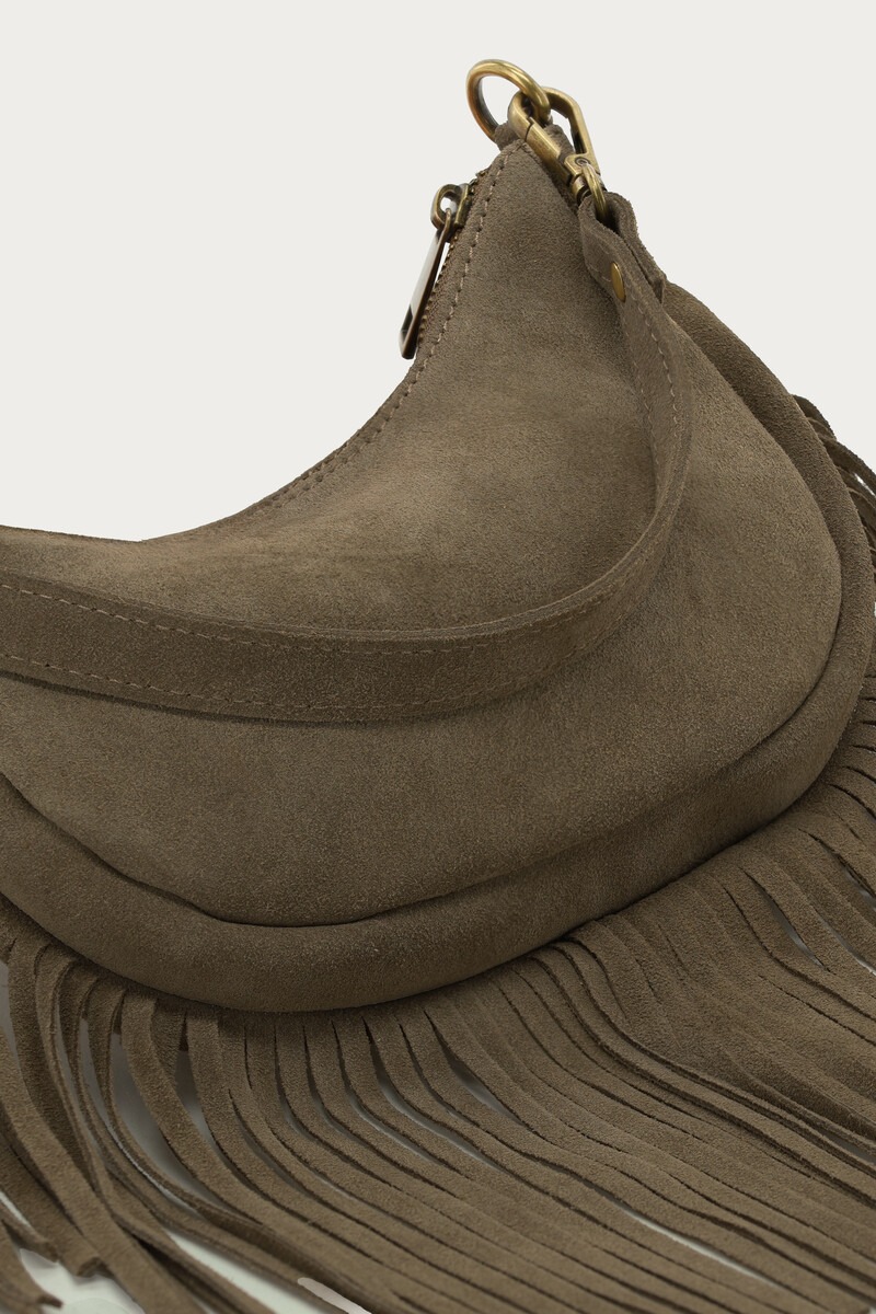 Dark green suede shoulder bag with fringes | My Jewellery