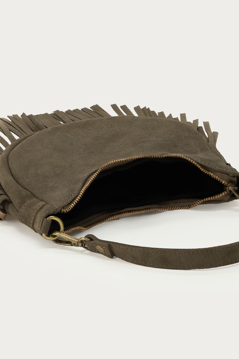 Dark green suede shoulder bag with fringes | My Jewellery