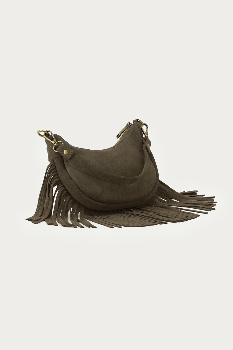Dark green suede shoulder bag with fringes | My Jewellery