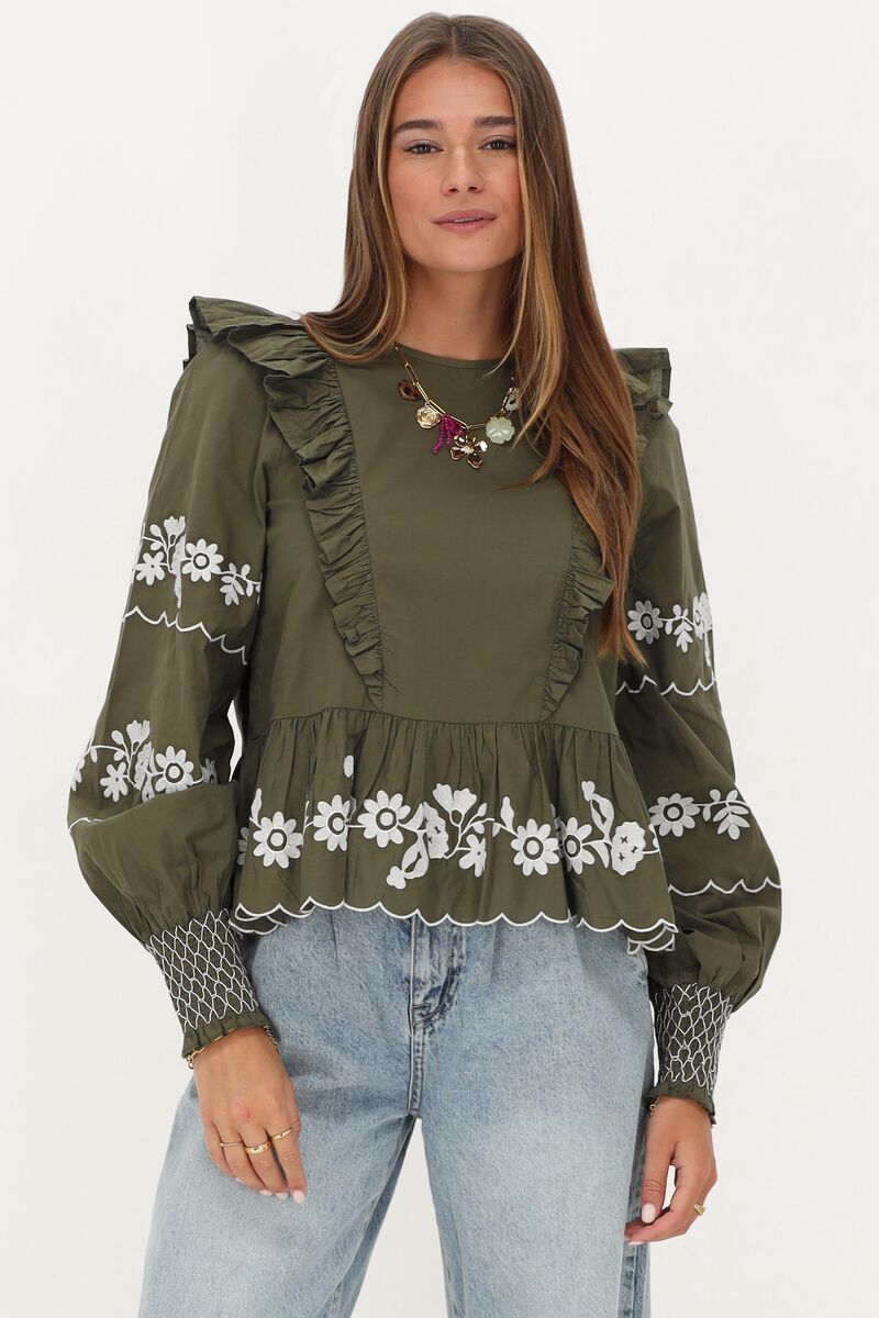 Dark green top with white embroidery | My Jewellery