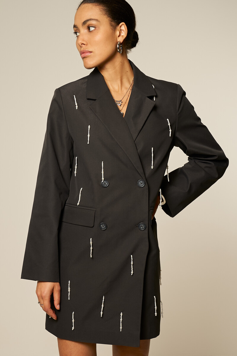 Dark grey blazer dress with faux pearls | My Jewellery