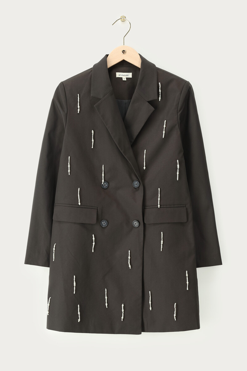 Dark grey blazer dress with faux pearls | My Jewellery