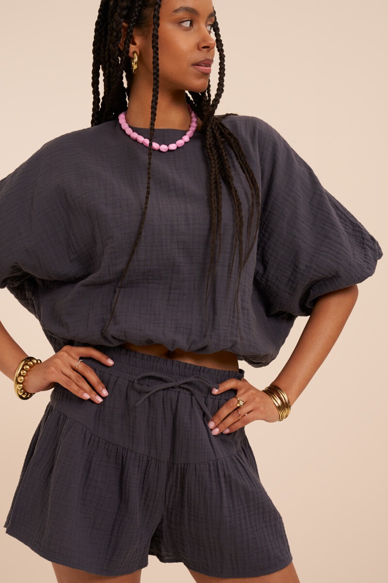 Donkergrijze mousseline top in ballon look