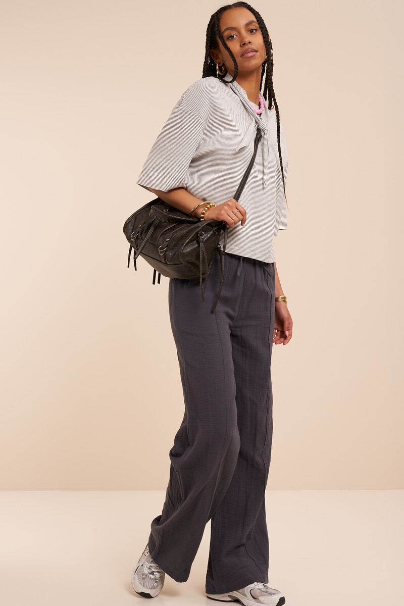 Dark grey muslin wide leg trousers with pintuck | My Jewellery
