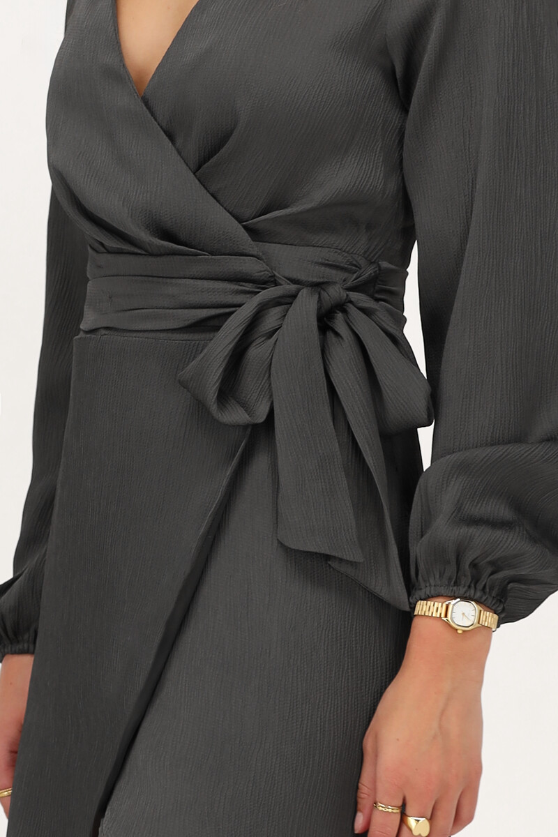 Dark grey wrap dress with draping My Jewellery