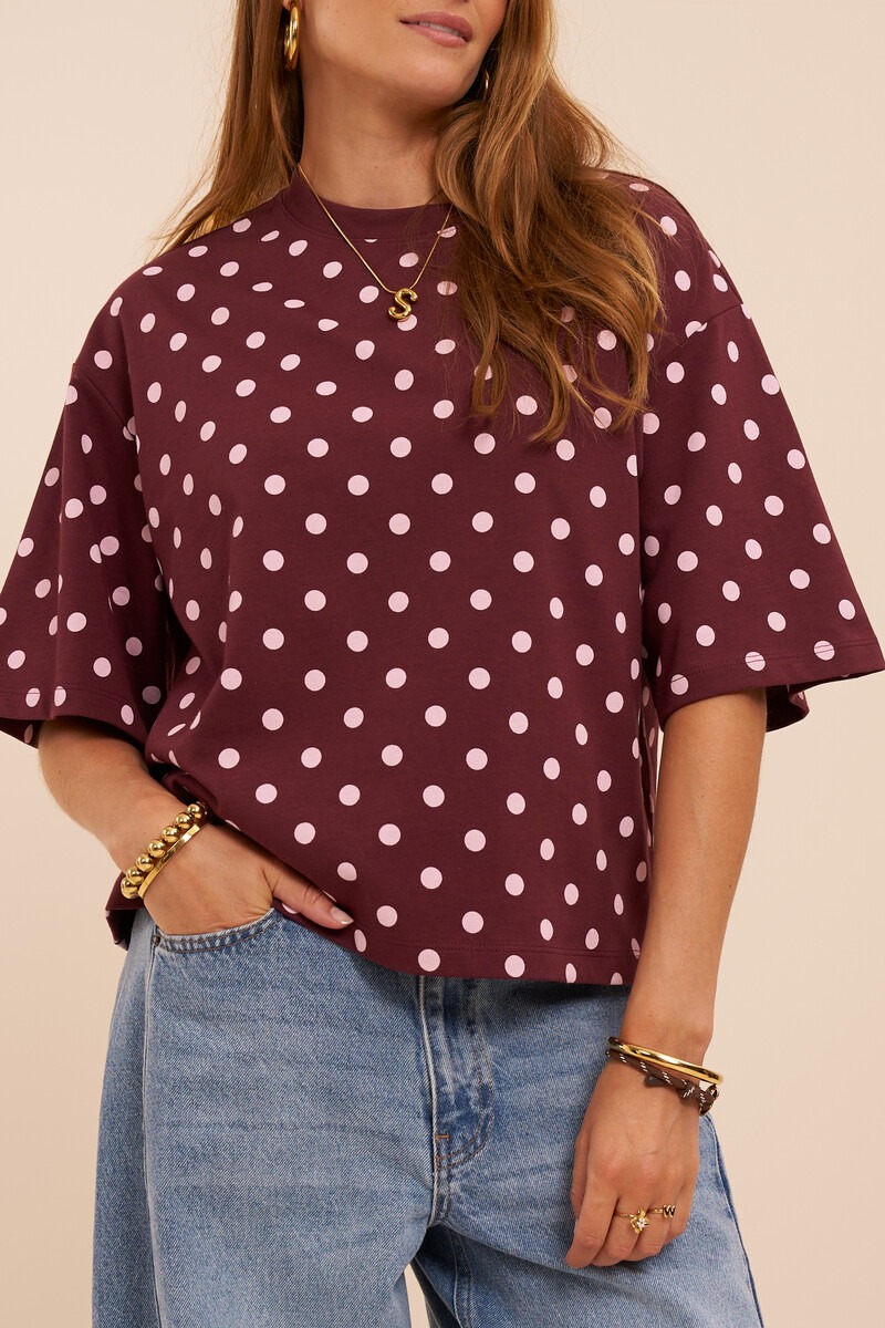 Dark red boxy T-shirt with polka dot | My Jewellery