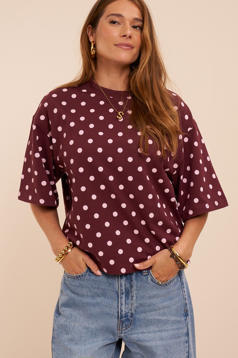 Dark red boxy T-shirt with polka dot | My Jewellery