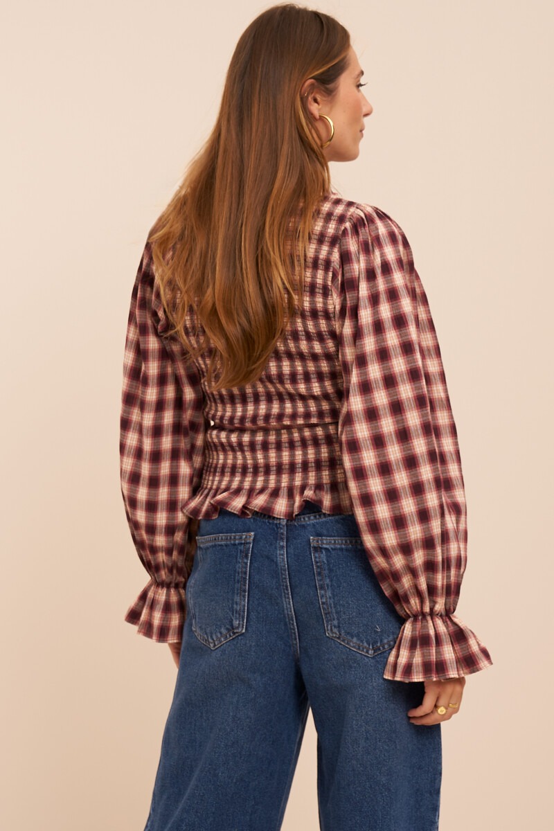 Dark red checked wrap top with long sleeves | My Jewellery